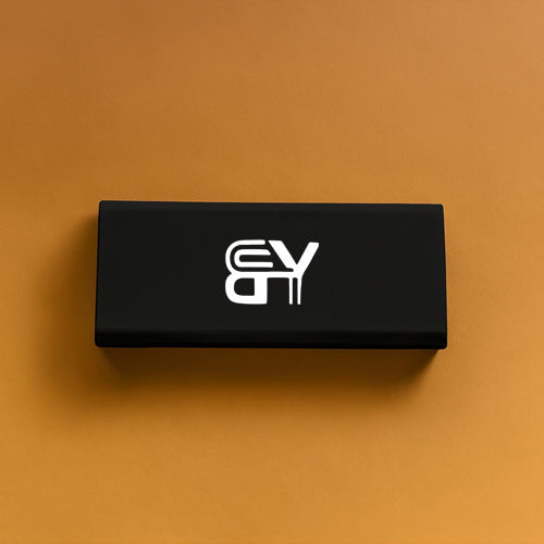 Black rectangular box with a white logo on an orange background