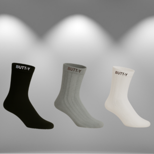 BUTT-Y Premium Full-Length Socks – Pack of 3 (Black, Grey, White) | Cotton Blend | Free Size