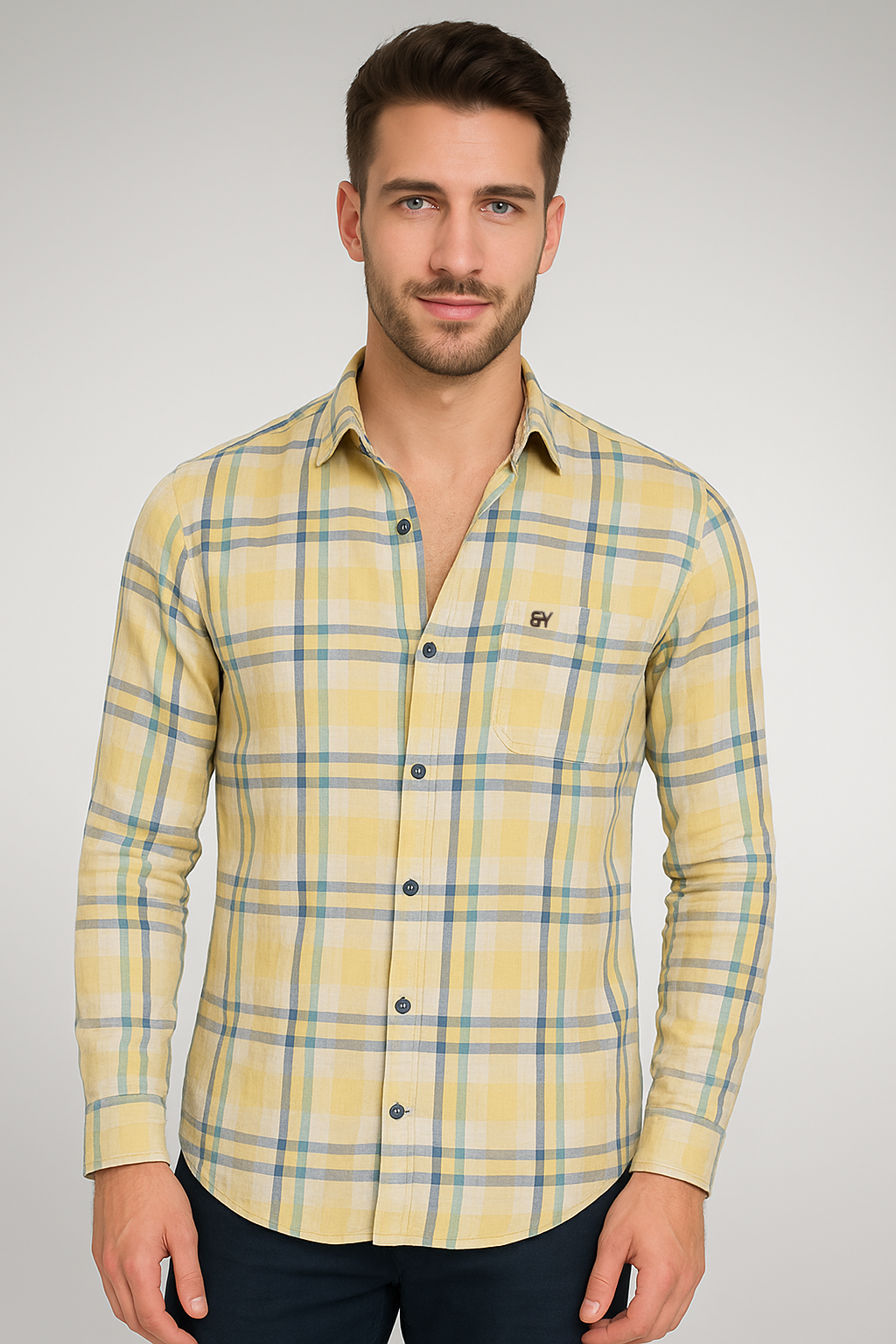 Men’s Yellow & Blue Check Shirt – Slim Fit Premium Cotton by BUTT-Y