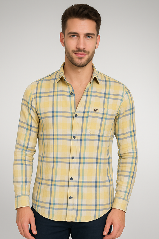 Men’s Yellow & Blue Check Shirt – Slim Fit Premium Cotton by BUTT-Y