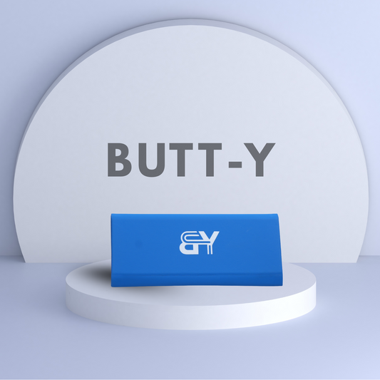 Blue product with a logo on a white platform against a light gray background