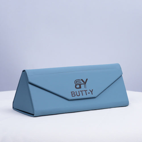 Blue rectangular object with 'BUTT-Y' branding on a light gray background