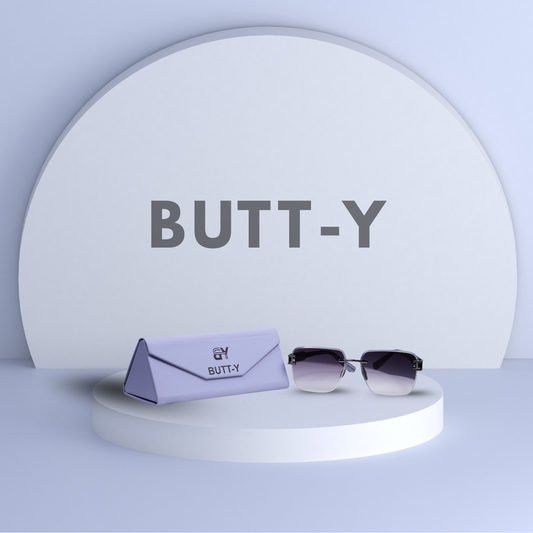 Sunglasses and case with 'BUTT-Y' branding on a light gray background