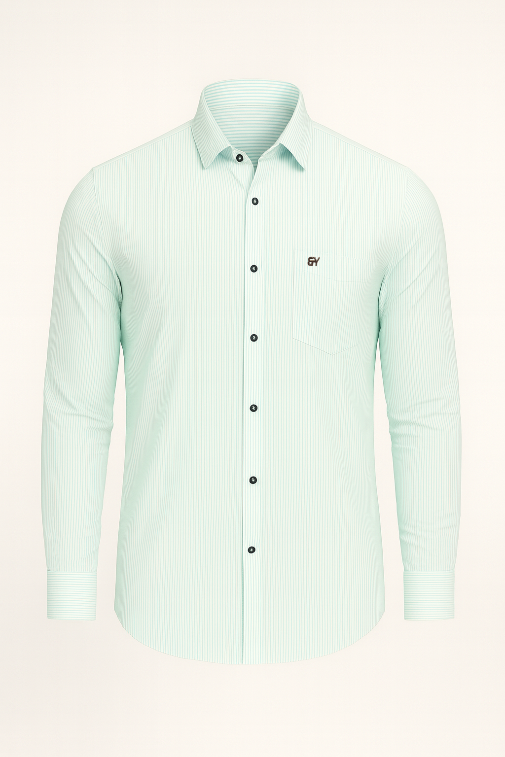 Light green shirt with black buttons on a white background