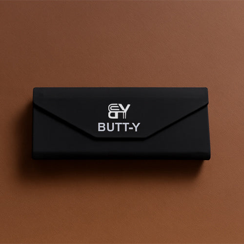 Black pouch with 'EV BUTT-Y' text on a brown background