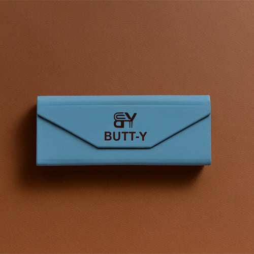 Blue rectangular object with text on a brown background