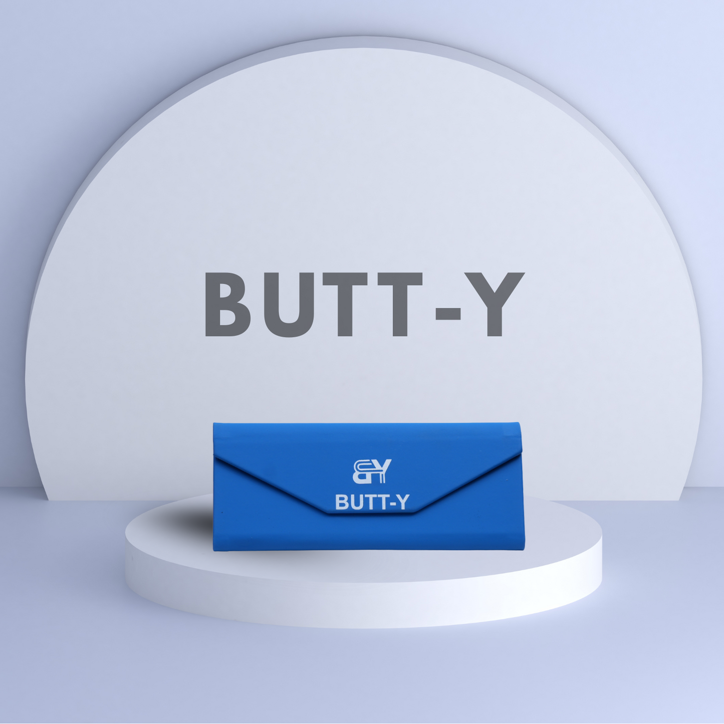 Blue pouch with 'GY BUTT-Y' branding on a white platform with a gray background