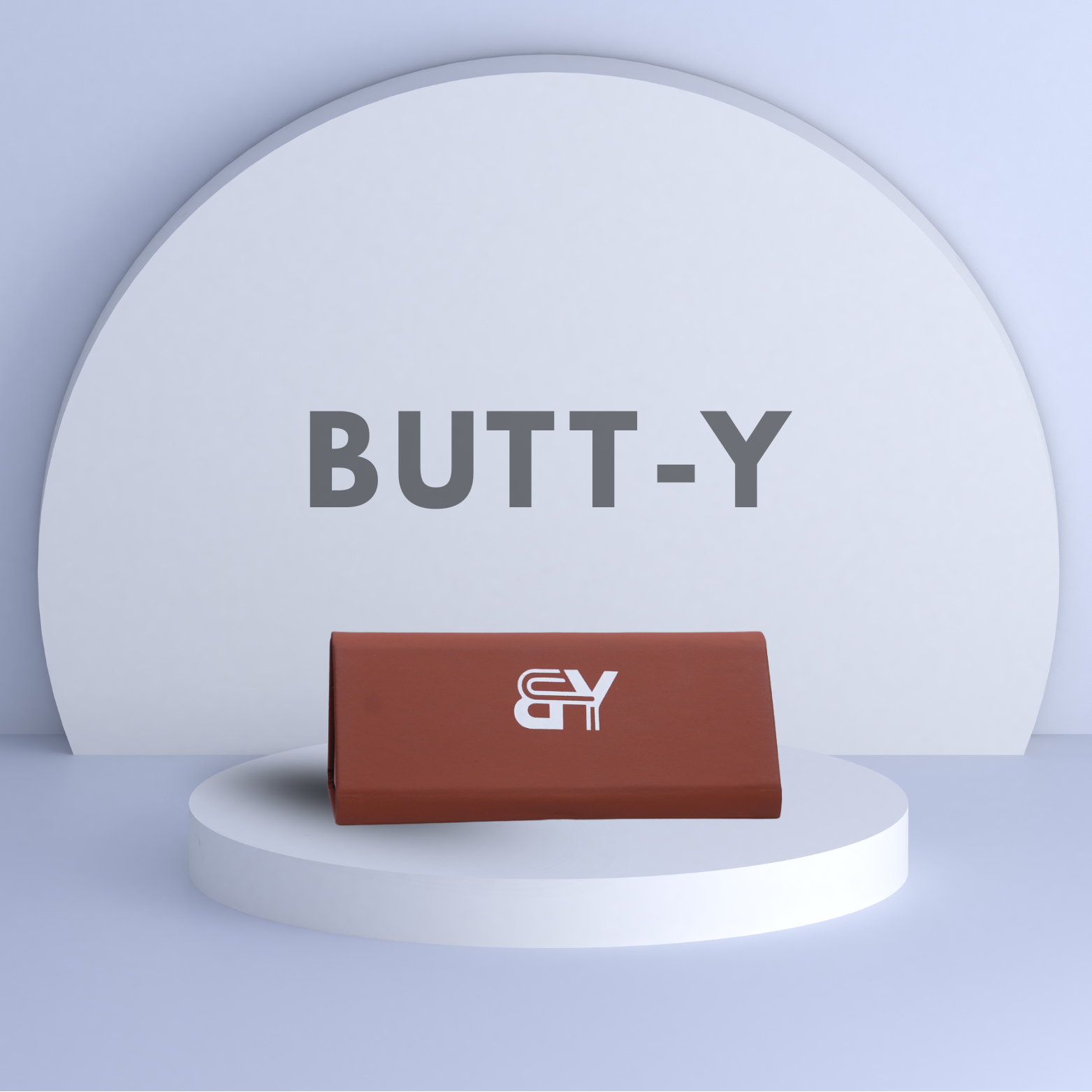 Brown wallet with a logo on a white platform against a light blue background with 'BUTT-Y' text.