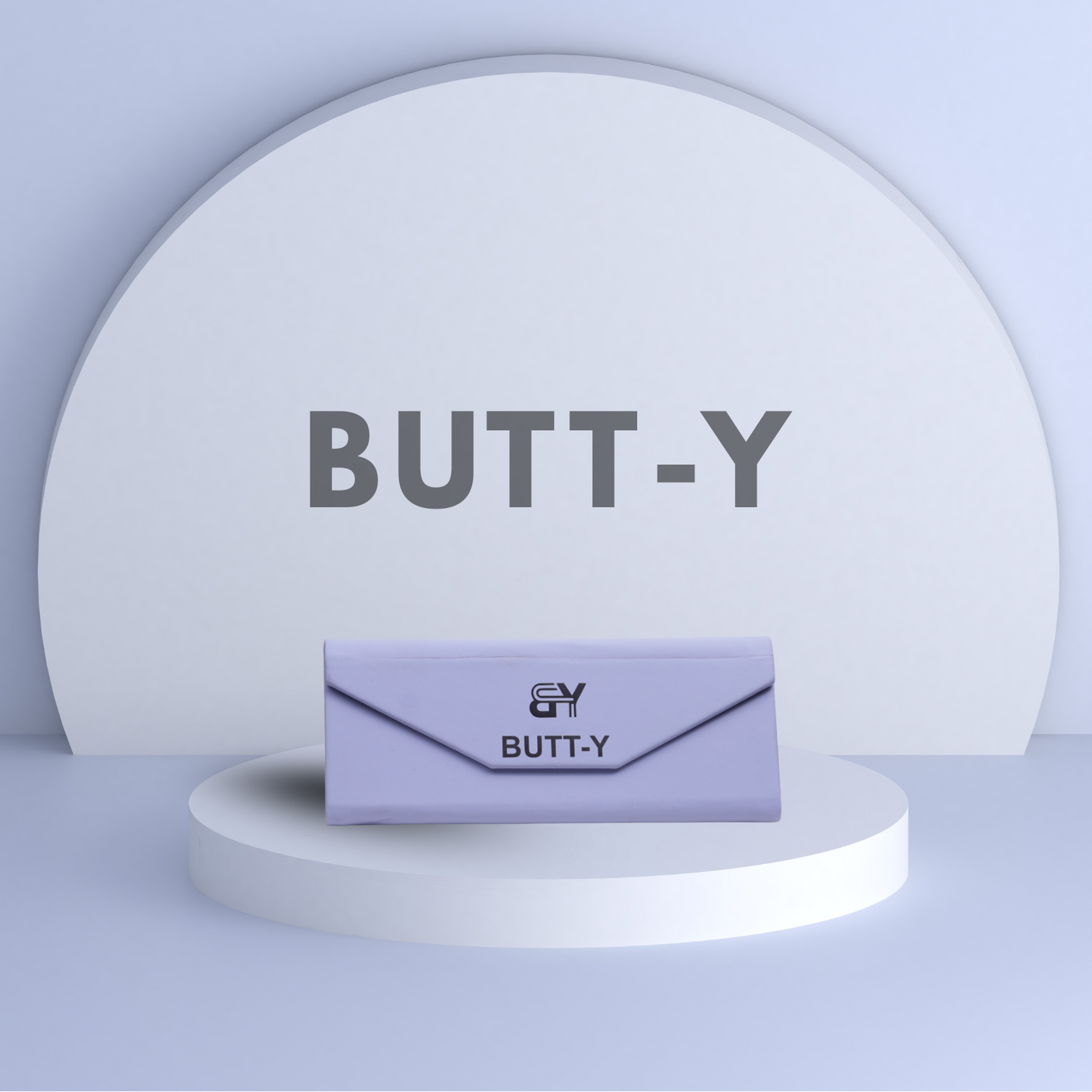 Purple pouch with 'BUTT-Y' branding on a light gray background