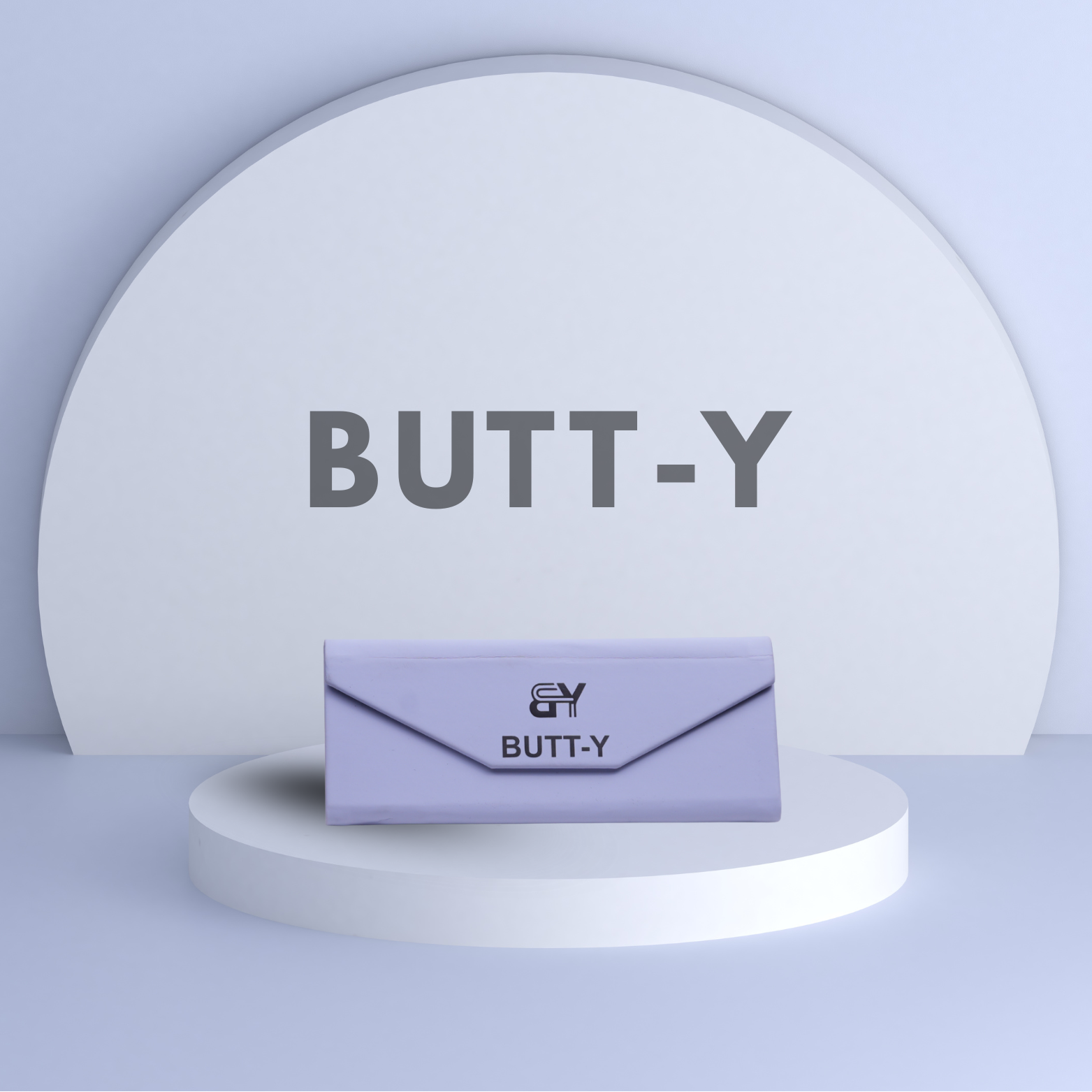 Purple pouch with 'BUTT-Y' branding on a light gray background