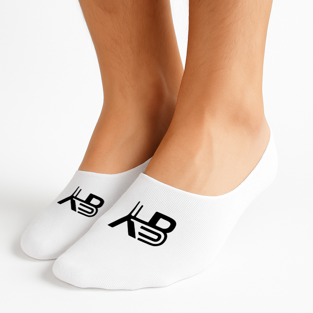 White socks with a logo worn by a person on a light gray background