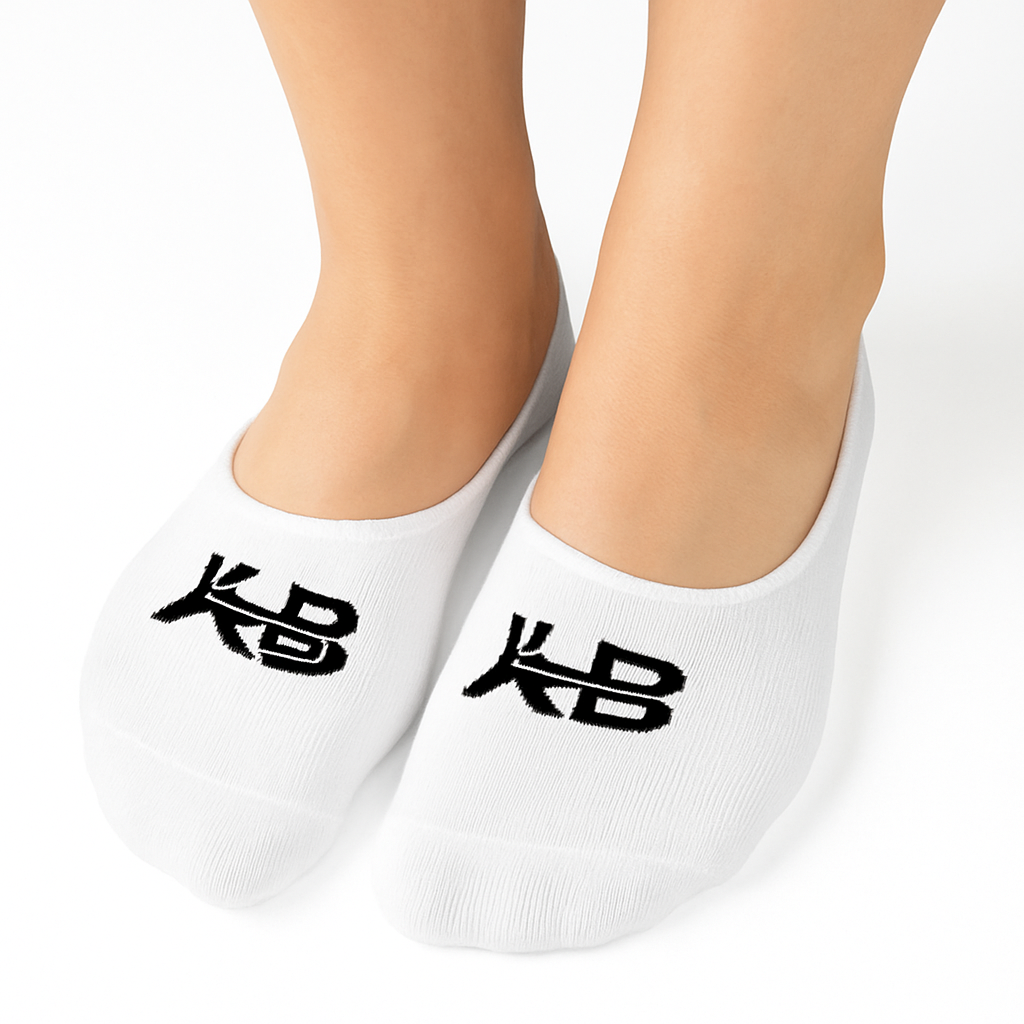 White socks with black logo worn by a doll on a white background