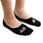 Black socks with white logo worn by a person on a white background