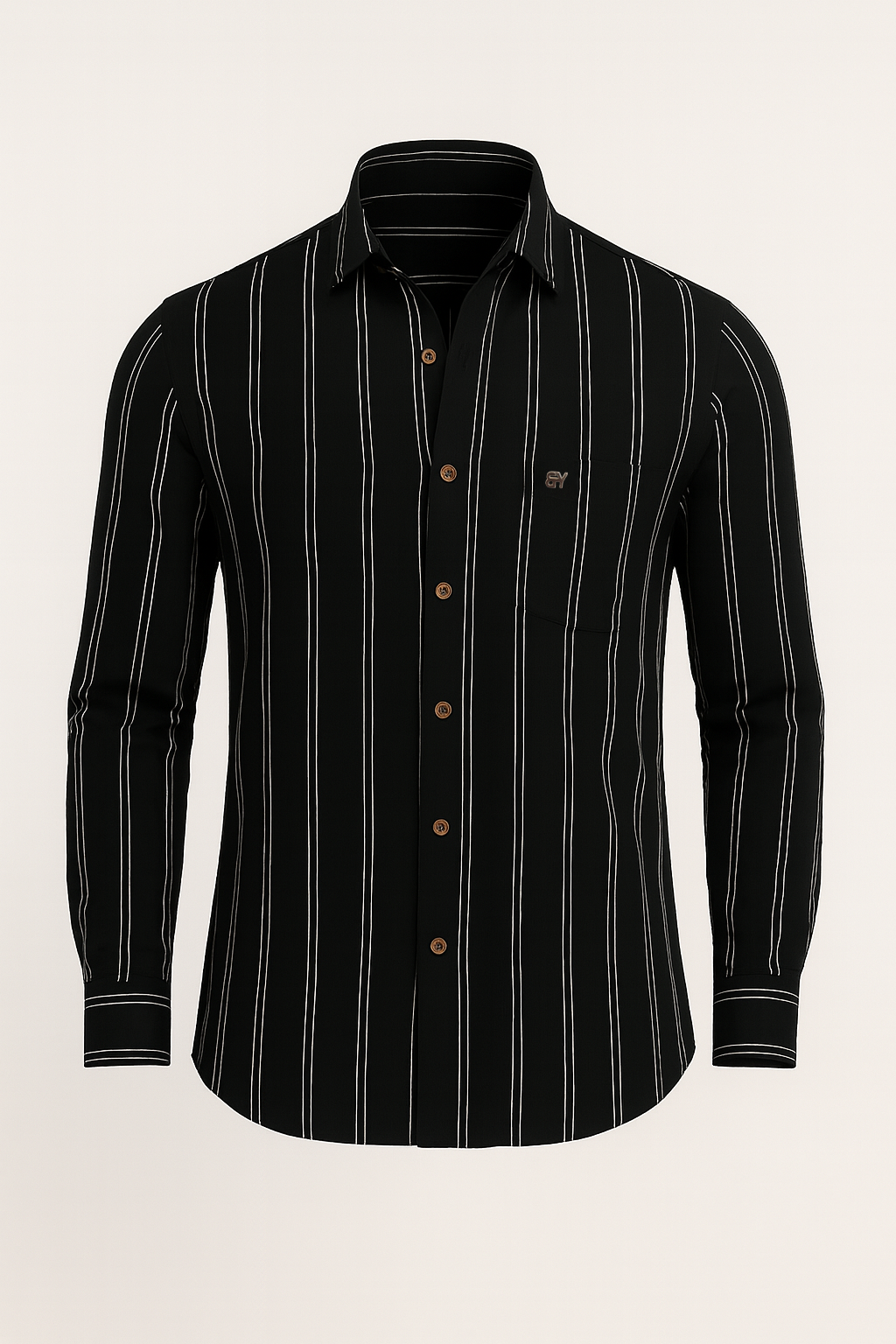 Black striped shirt with buttons on a beige background