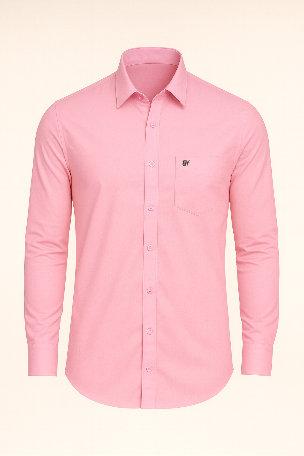Pink shirt with a small logo on a beige background