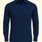 Navy blue shirt with a logo on a beige background