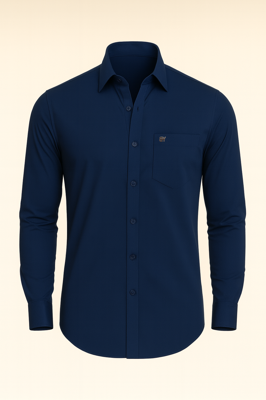 Navy blue shirt with a logo on a beige background