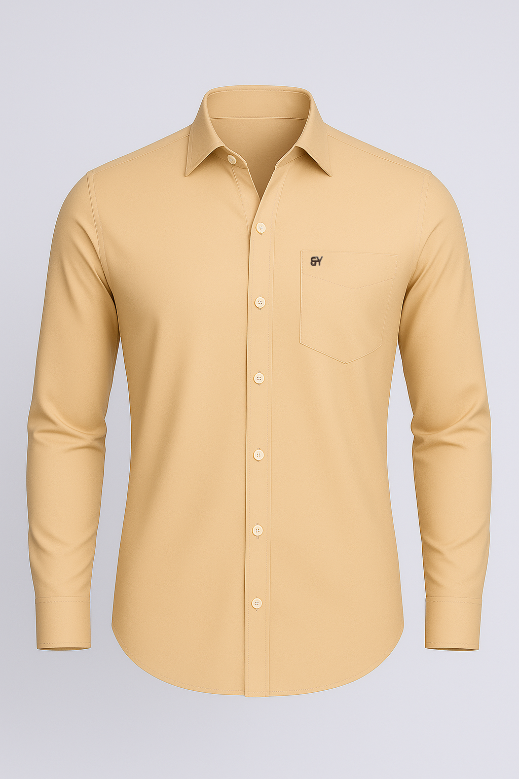 Beige shirt with a logo on a light gray background