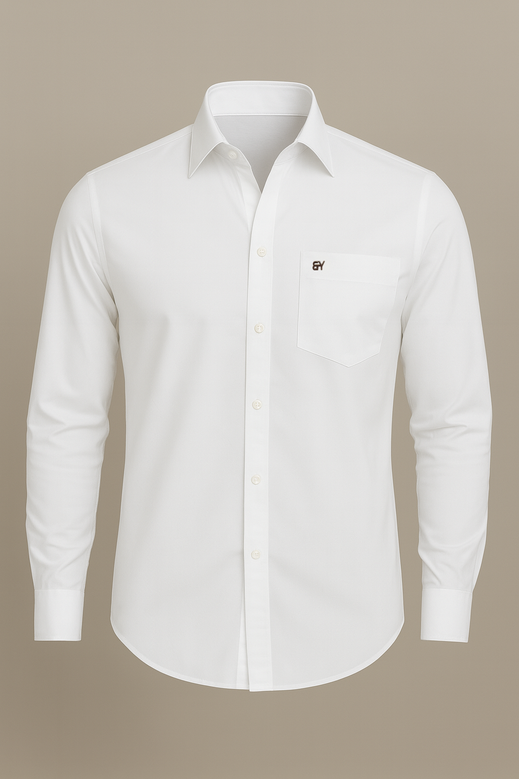 White dress shirt with a small logo on a beige background