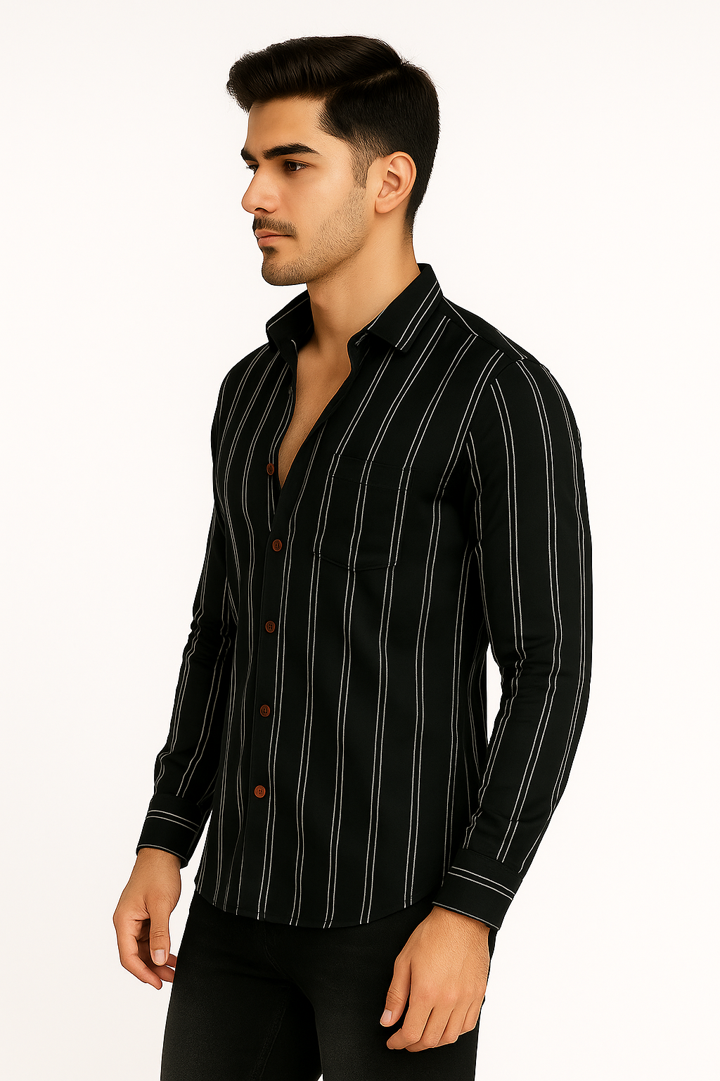 Man wearing a black striped shirt on a white background