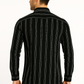 Man wearing a black shirt with white pinstripes on a white background