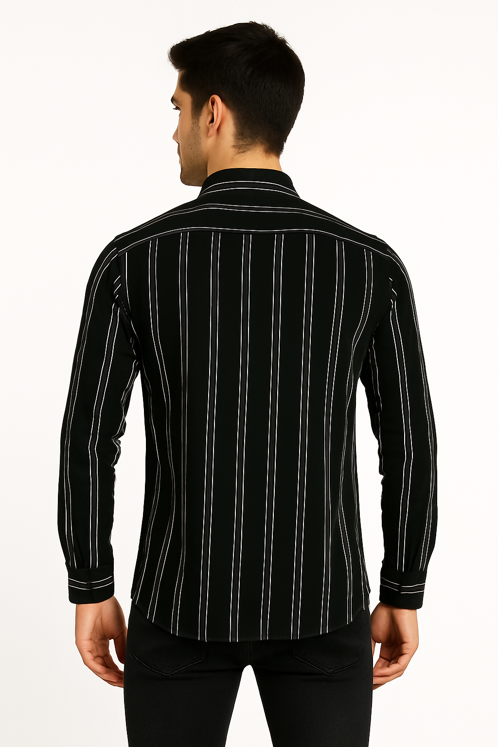 Man wearing a black shirt with white pinstripes on a white background