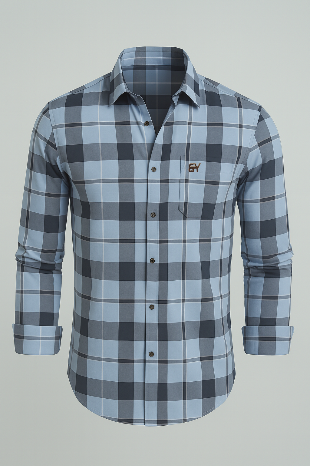 Plaid shirt with a logo on a gray background