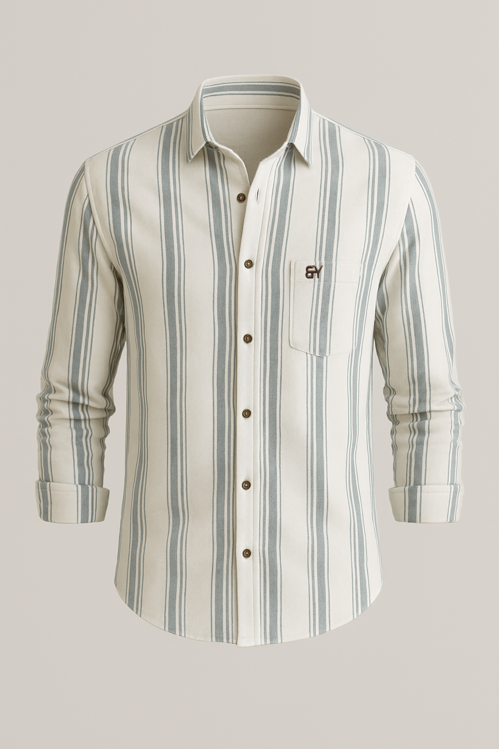 Striped shirt with a brand logo on a light gray background
