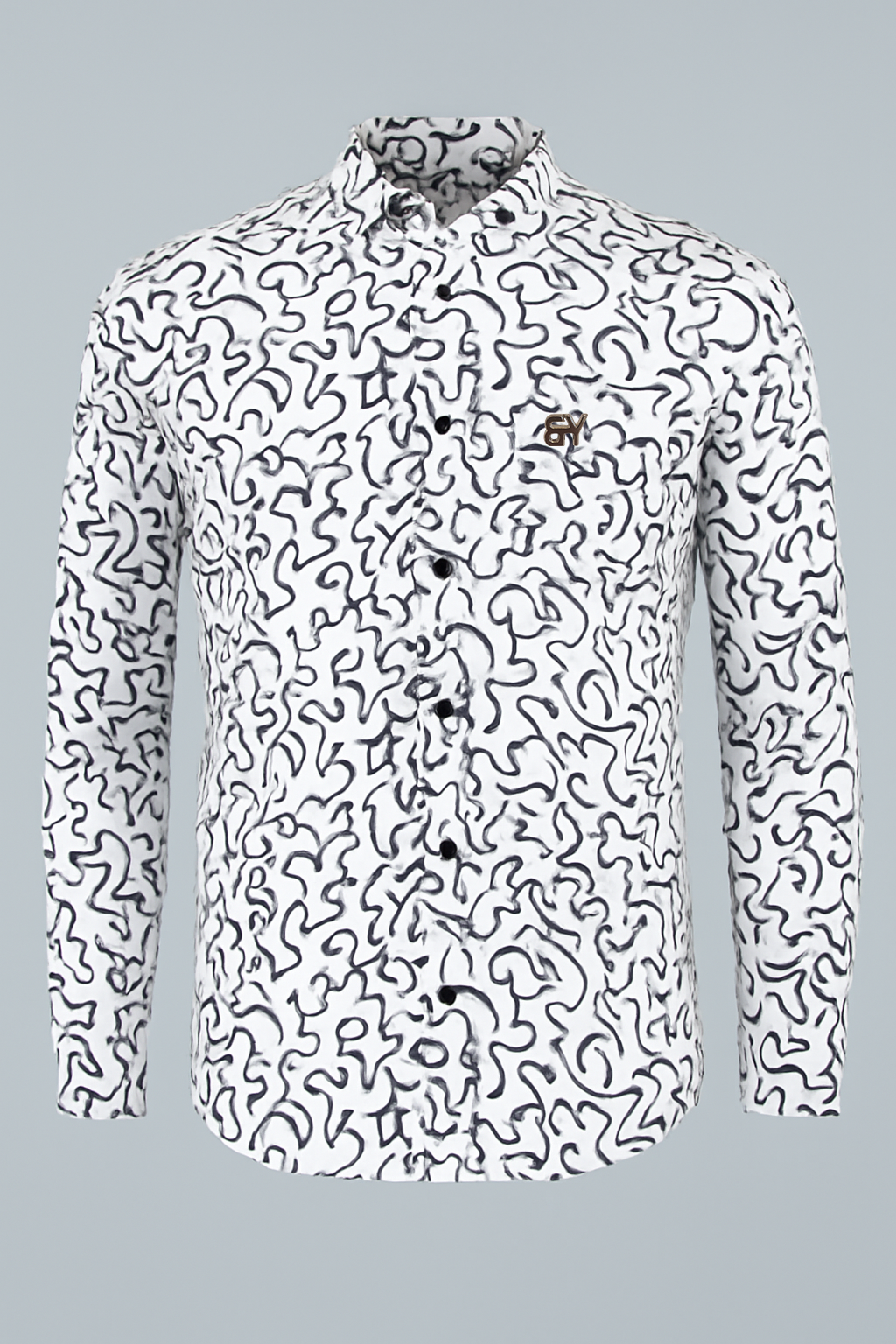 White shirt with black abstract pattern on a light gray background