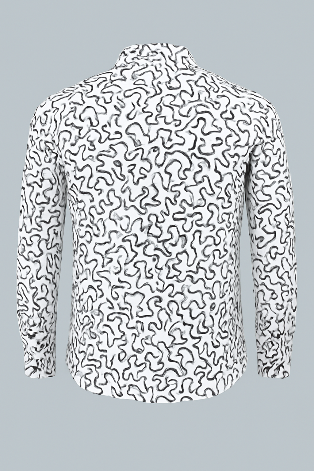 White shirt with black abstract pattern on a light gray background