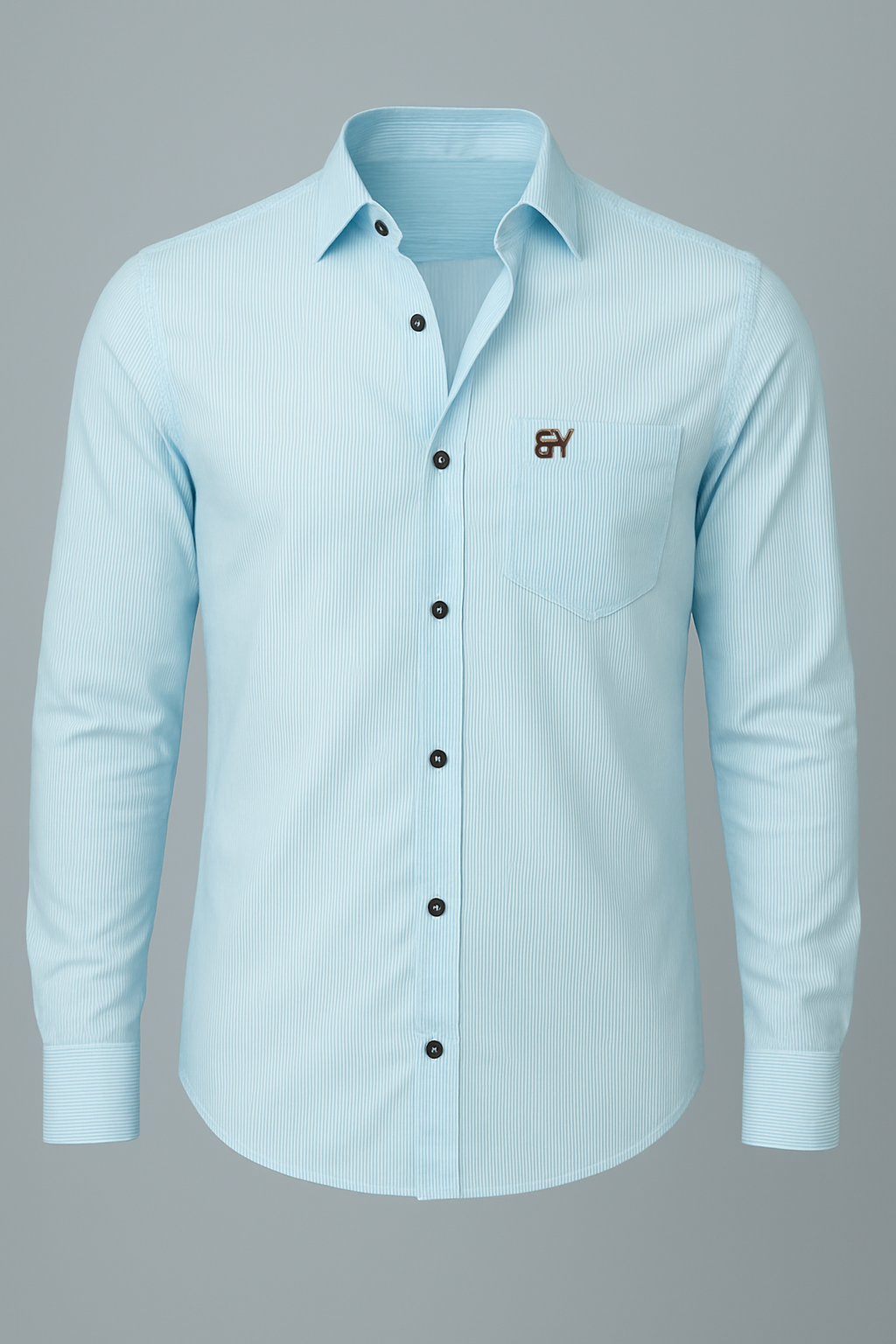 Light blue shirt with black buttons on a gray background