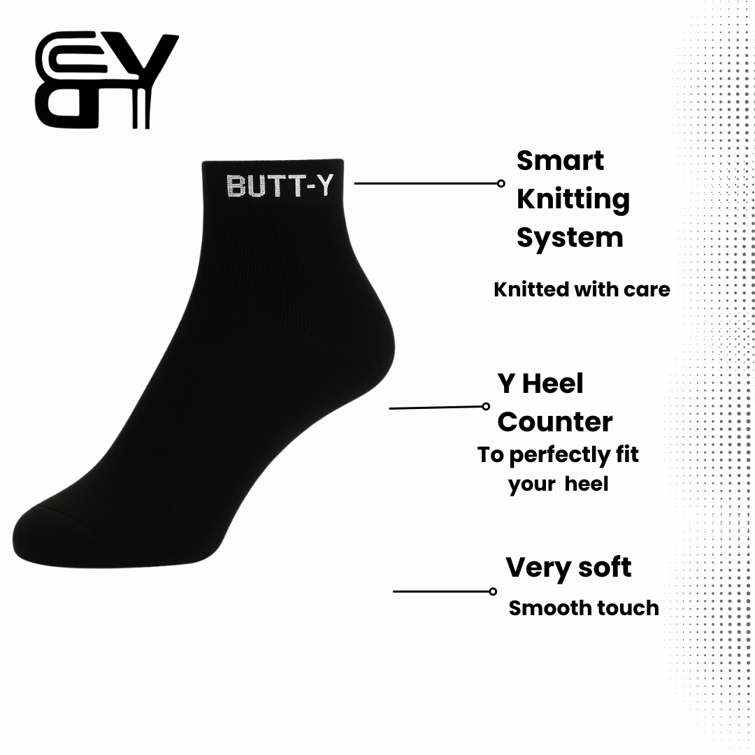 BUTT-Y Black Ankle Socks – Pack of 3 Pairs | Soft Cotton Blend | Free Size (UK 6–11)